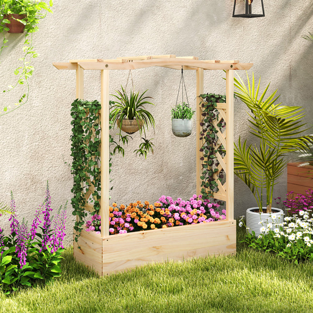 Wooden Raised Garden Planter Box With Trellis And Hanging Roof