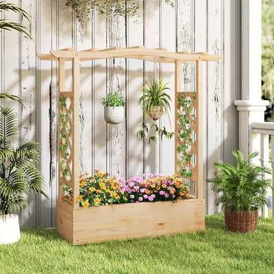 Wooden Raised Garden Planter Box With Trellis And Hanging Roof