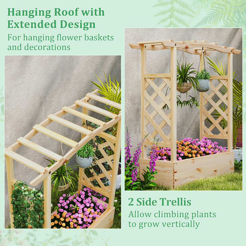 Wooden Raised Garden Planter Box With Trellis And Hanging Roof