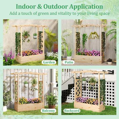Wooden Raised Garden Planter Box With Trellis And Hanging Roof