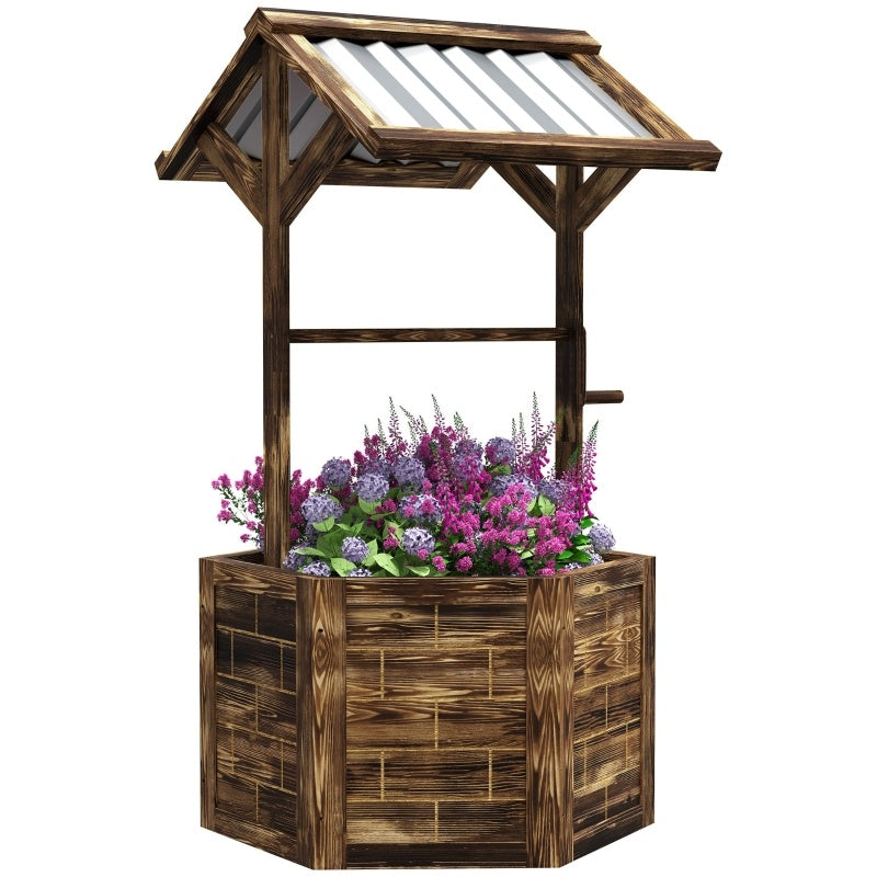 Wooden Wishing Well Planter Raised Garden Bed With Galvanized Canopy
