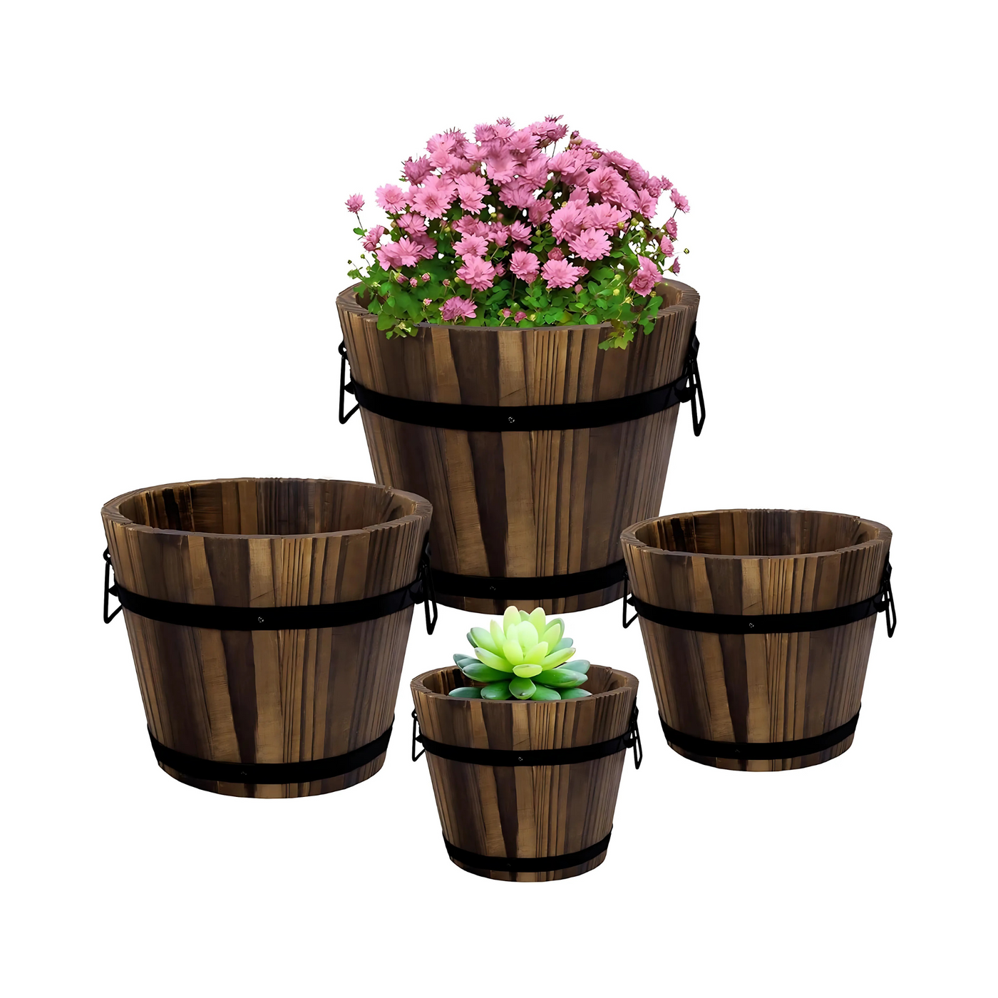 4 Pack Wooden Whiskey Barrel Planter Sets Of Flower