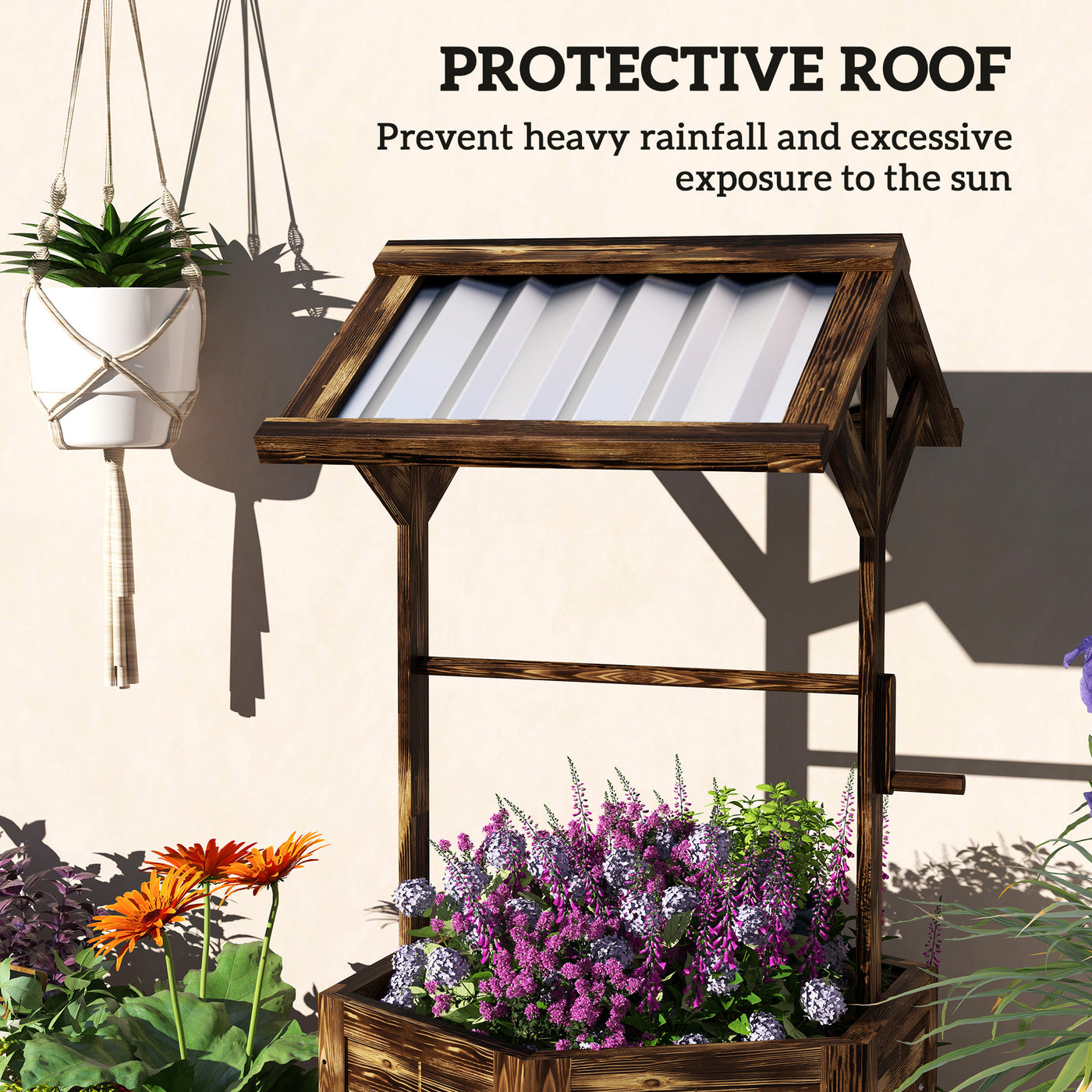 Wooden Wishing Well Planter Raised Garden Bed With Galvanized Canopy