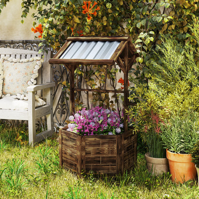 Wooden Wishing Well Planter Raised Garden Bed With Galvanized Canopy